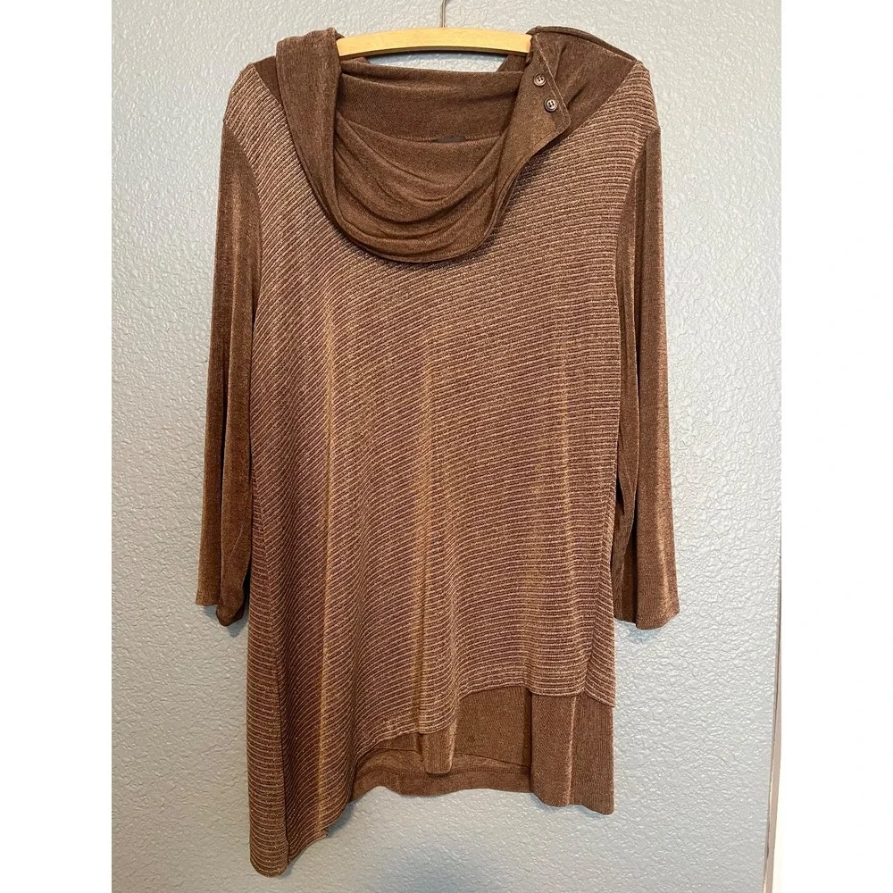 Chicos Travelers Metallic Brown Shimmer Cowl Neck Asymmetric Tunic Sz 1 US XL - Picture 2 of 16